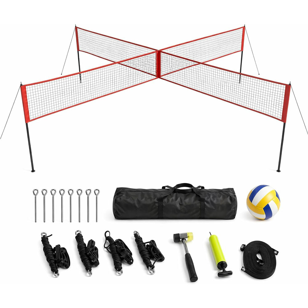 Kids Outdoor Volleyball Net - 4-Way Volleyball Net Set with Cross